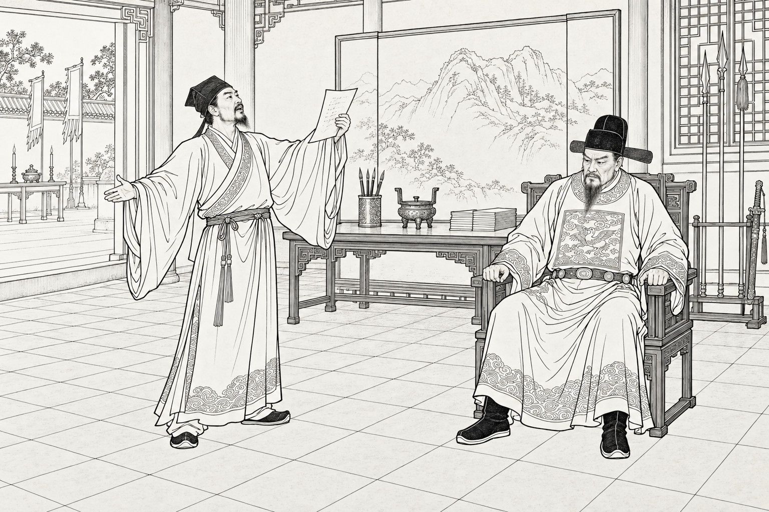 仿清末石印本的線描：白晝的將帥官署廳堂裡，一位寬袖長衫的讀書人昂首立於廳中，一手舉著文稿高聲朗讀，另一臂向旁伸出；右側一位神情嚴厲的老將官戴官帽、著官袍，僵坐在高背椅上，雙手緊握扶手；身後是山水屏風、擺著香爐和筆筒的長案、兵器架和格窗，左側敞開的廳門外遠遠可見擺著燭臺和垂幡的小祭壇。