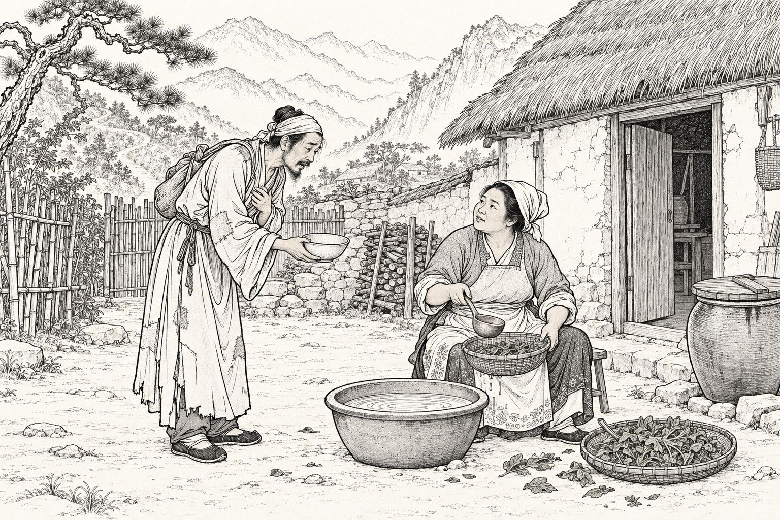 A line drawing in the manner of a late-Qing lithographed edition: in the yard of a poor thatched mountain cottage, a thin, weary traveller with a bundle on his back bows forward, one hand on his chest and an empty bowl held out, while a village woman seated on a low stool with a ladle and a basket of wild greens looks up at him, a large basin of water between them and a water jar, firewood, bamboo fence, pine and layered mountains behind.