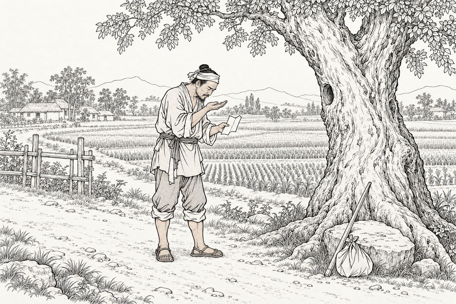 A line drawing in the manner of a late-Qing lithographed edition: on a country roadside by a big old tree in the daytime, a lone countryman in a head cloth and rolled-up trousers stands holding an opened scrap of paper in one hand, bowing his head to look closely at his other open palm, while a carrying pole and a small bundle lean against a stone at the tree's foot and fields, a fence and thatched houses lie behind him.