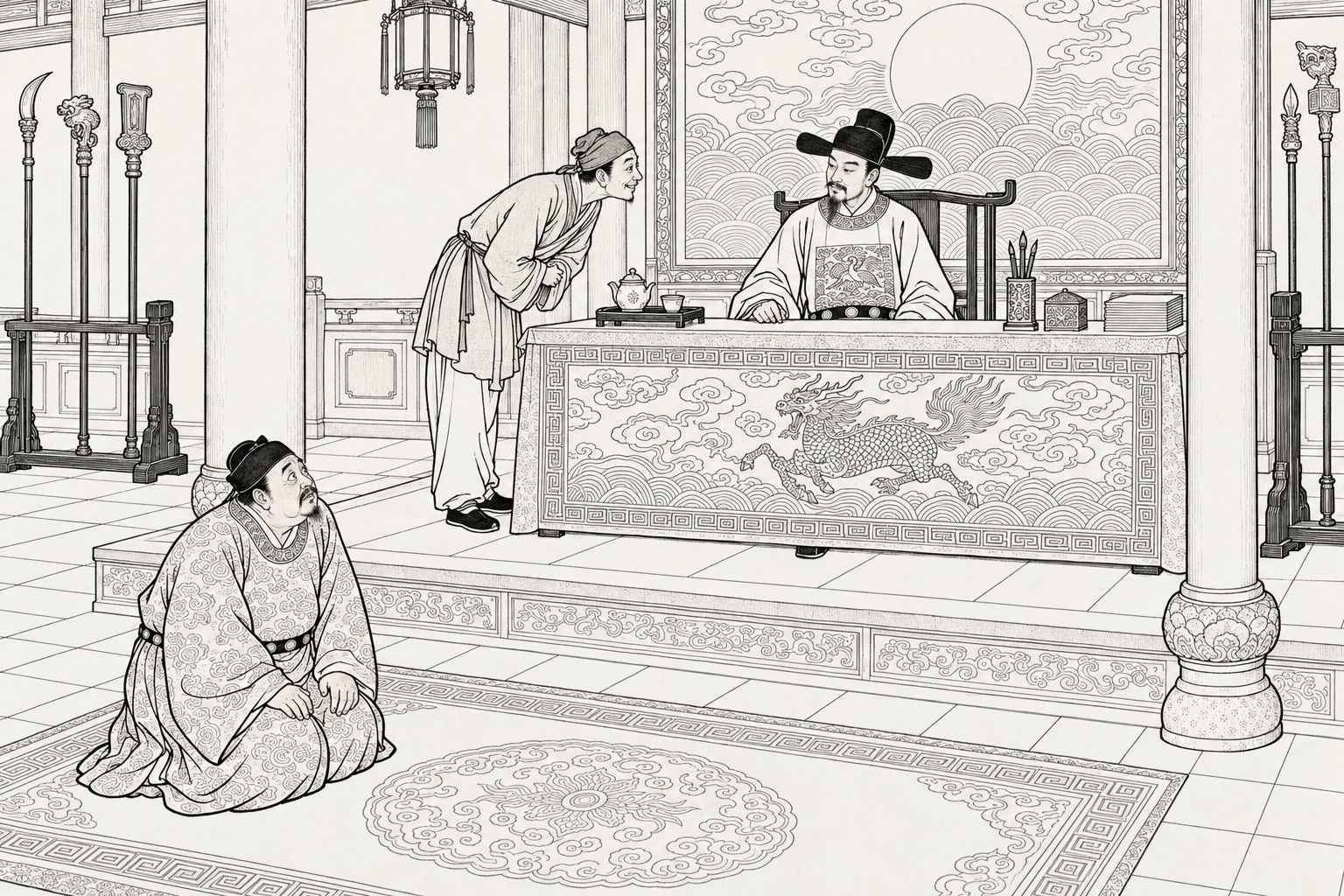 A line drawing in the manner of a late-Qing lithographed edition: in a magistrate's hall with a dragon-embroidered desk cloth, weapon racks and a sun-and-waves screen behind, the magistrate sits with a nod while a grinning clerk in a headcloth bends toward him beside a tray with a teapot and cup; below the dais a stout man in a patterned robe kneels, watching the magistrate's face anxiously.