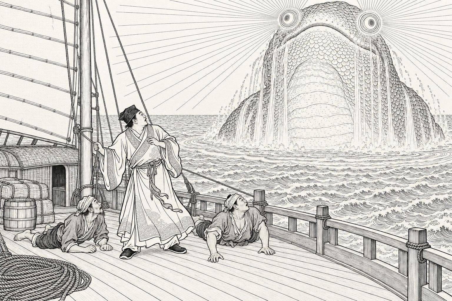 A line drawing in the manner of a late-Qing lithographed edition: on the deck of a sailing junk at night on the open sea, a capped merchant in a long wide-sleeved gown stands gripping a rope and gazing up in alarm, while two headscarfed sailors lie prone on the planks beside him looking up at a vast scaly creature rising half out of the waves at the right, its two ringed eyes sending rays across the sky, with the mast, batten sail, matting cabin, cargo bales and a coil of rope around them.