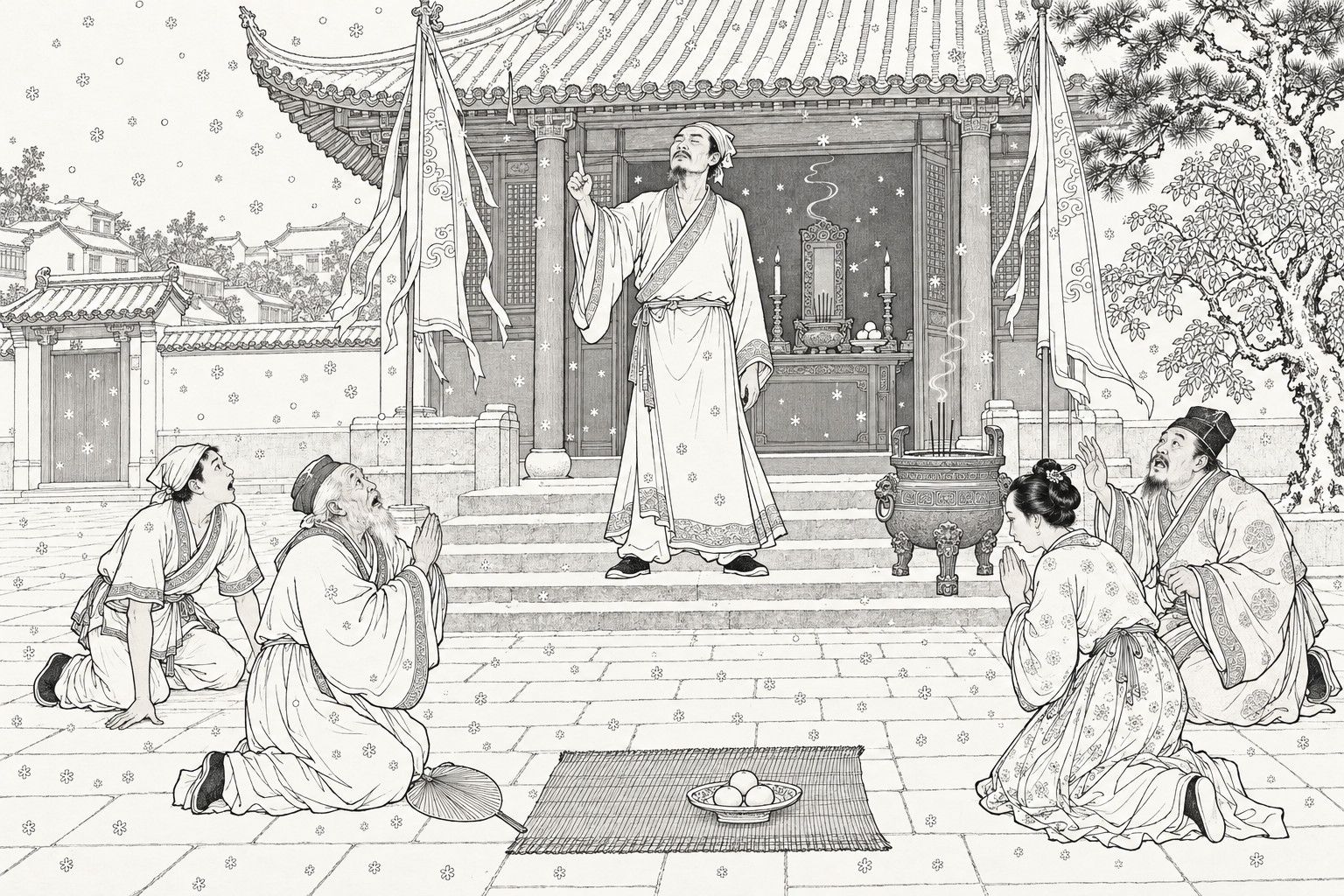 仿清末石印本的線描:夏日大雪中的城鎮廟院裡,一名瘦削漢子立在殿前臺階上閉目抬指,老者、青年、婦人和商人身穿單薄夏衣跪在階前驚愕仰望,四周有供桌、銅香鼎、幡旗、松樹和飄落的雪片。