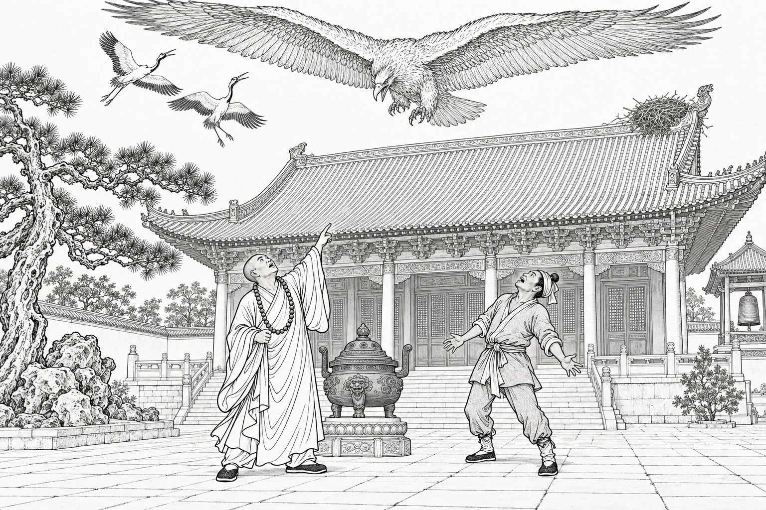 A line drawing in the manner of a late-Qing lithographed edition: in the courtyard of a temple hall with an incense burner and a bell tower, a monk with prayer beads points upward and a laborer flings out his arms, both gazing up in alarm as a gigantic bird dives with spread wings, two storks wheeling and crying above the roof ridge where their nest sits.