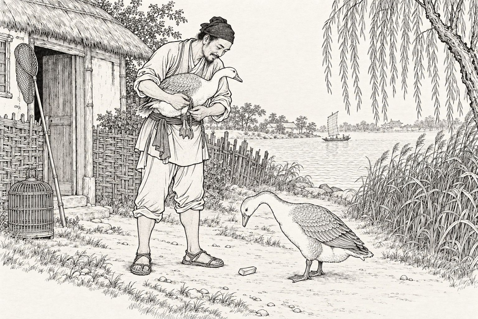 A line drawing in the manner of a late-Qing lithographed edition: on an early-morning dirt lane outside a thatched riverside cottage, a lean bearded bird-catcher in a headcloth, rolled-up sleeves and straw sandals holds a bound wild goose against his chest and unties the cord at its feet, looking down at its mate, a gander that stands with bowed head beside a small bar of gold, with a bird net and bamboo cage by the wattle fence, a willow and reeds, and a river with a small sail behind.