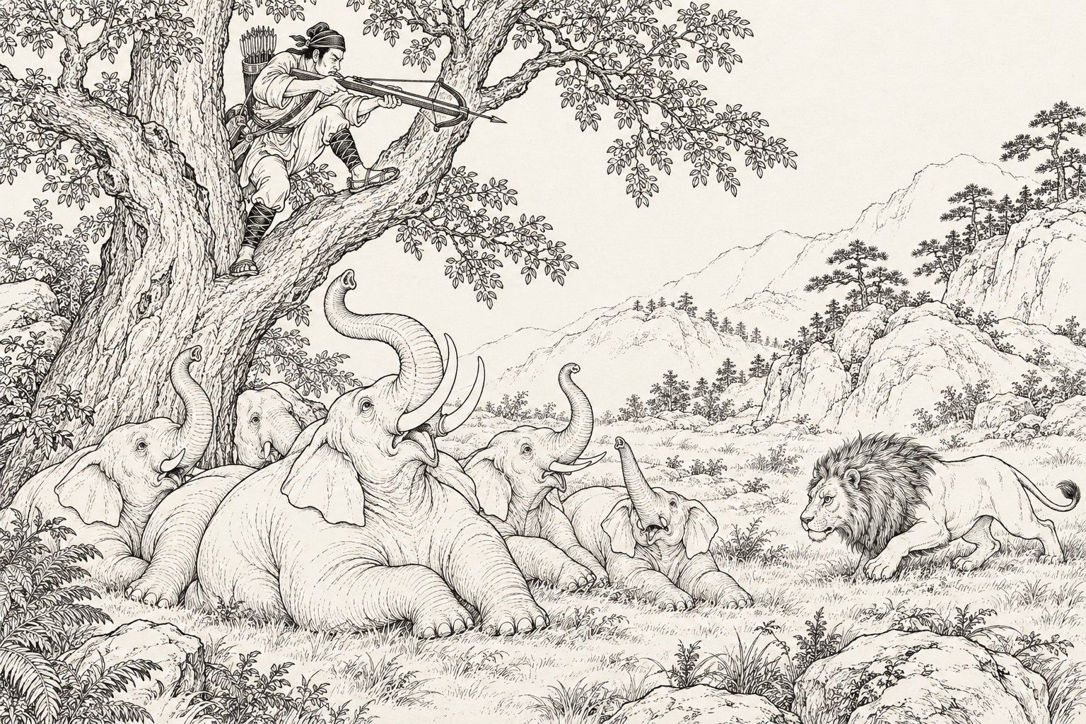 A line drawing in the manner of a late-Qing lithographed edition: in a daytime mountain clearing, a headscarfed hunter with a quiver on his back sits in the fork of a big leafy tree and levels a crossbow, while a herd of elephants lie on the ground below with trunks raised toward him and a maned lion creeps up through the grass at the right, with boulders, ferns and distant rocky hills with small pines behind.