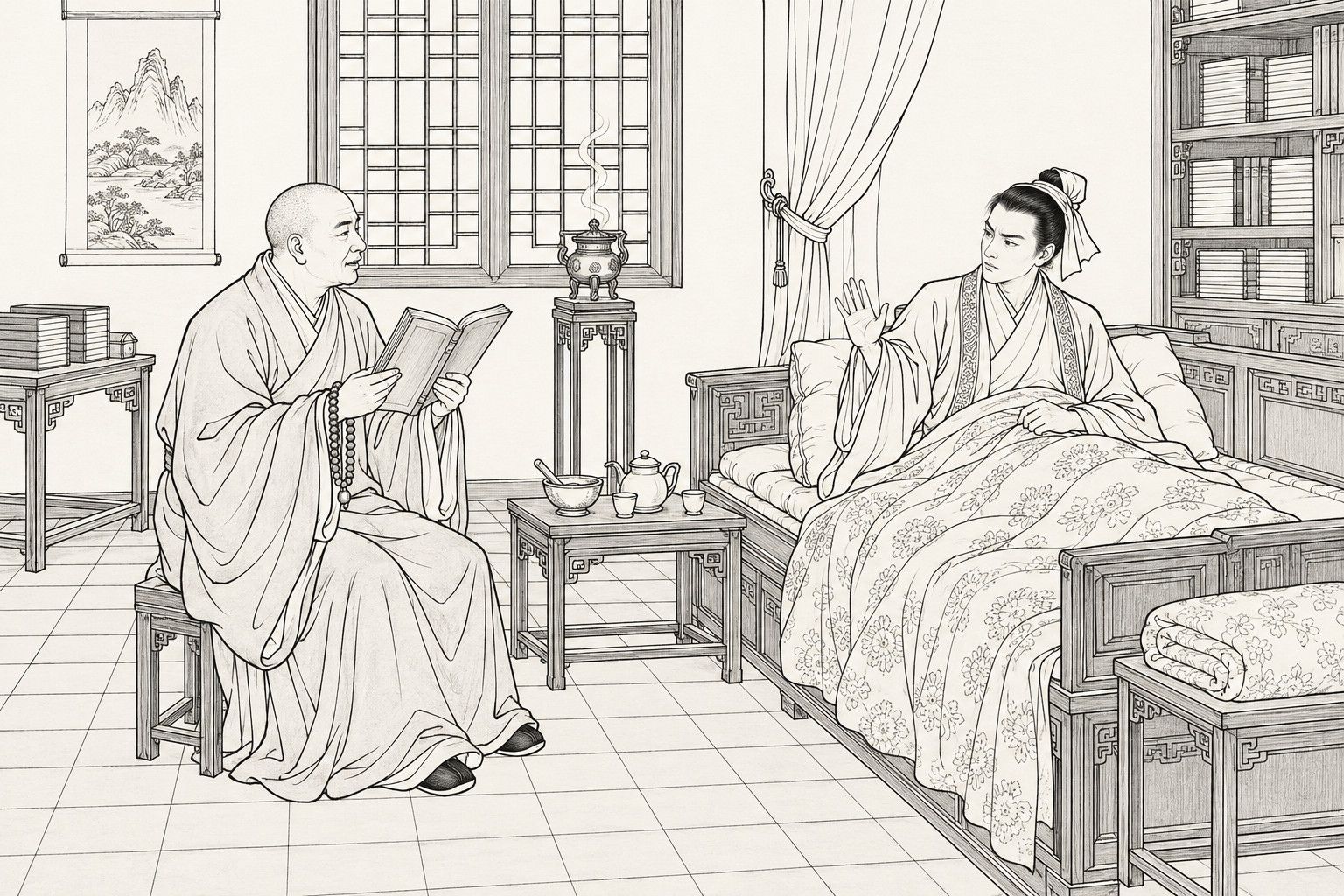 A line drawing in the manner of a late-Qing lithographed edition: in a scholar's bedroom indoors, a shaven-headed monk with prayer beads sits on a stool holding an open scripture and reading aloud, while a thin young scholar propped up on pillows beneath a quilt on a carved couch waves his raised hand in disagreement, with a lattice window, incense burner, tea table, wall scroll and bookshelf behind them.