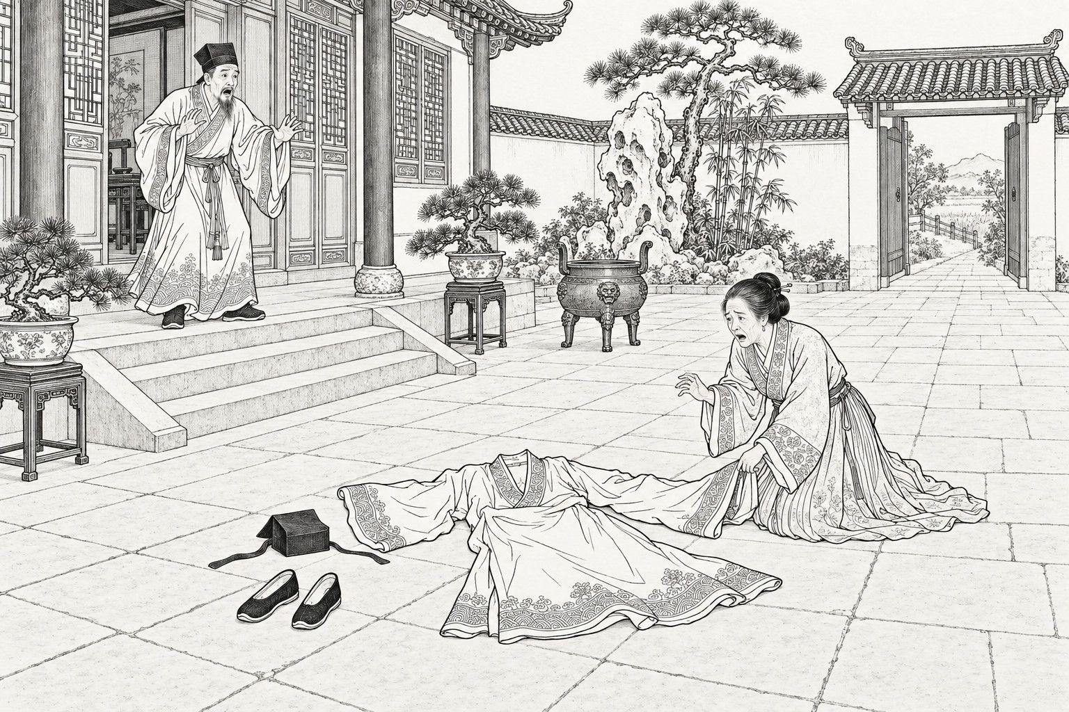 A line drawing in the manner of a late-Qing lithographed edition: in the paved front courtyard of a gentleman's house, an old woman kneels on the flagstones gripping the sleeve of an empty scholar's gown laid flat beside a square cap and a pair of cloth shoes, while a bearded elderly gentleman at the hall doorway raises both hands in alarm, with a bronze incense burner, potted pines, a garden rock, bamboo and an open gate behind them.