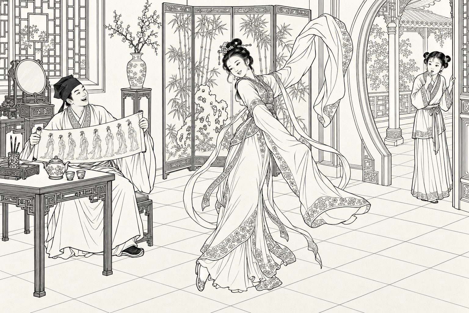 A line drawing in the manner of a late-Qing lithographed edition: in a room with a bamboo screen, a graceful woman dances with a long sleeve and ribbons streaming in the wind, one foot lightly lifted; a young scholar at a table with a teapot holds up an unrolled scroll of painted beauties, laughing as he looks between it and her; a maid at the doorway stares, hand to her mouth.
