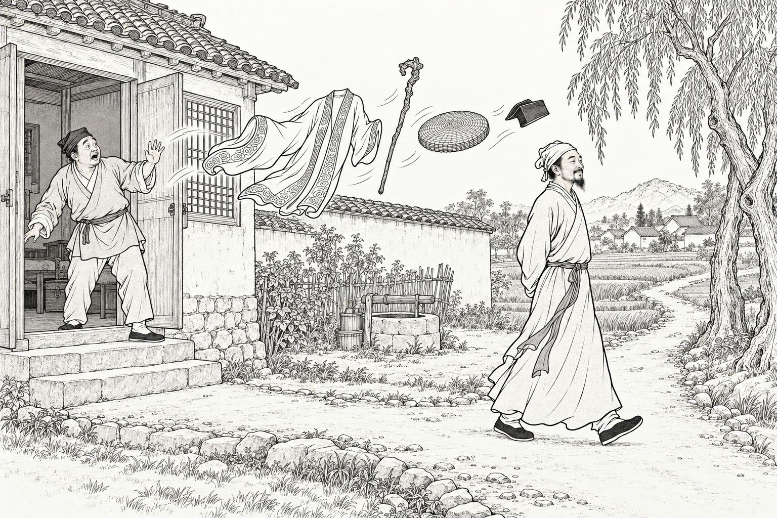 仿清末石印本的线描：白天乡村人家门前，门阶上的乡下汉子惊得抬手，一件道袍、一根手杖、一只蒲团和一顶道巾从门里排成一行飘出，跟着一位身穿素袍、留短须、背手微笑的男子沿土路信步走去，旁有水井、瓦顶矮墙、垂柳和田野。
