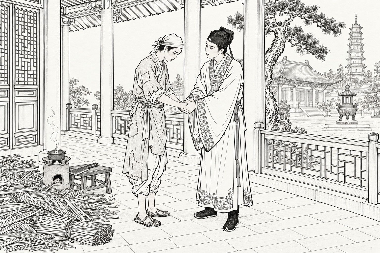 A line drawing in the manner of a late-Qing lithographed edition: In the daytime, in the covered gallery of a temple, a poor young scholar in a head-kerchief and a patched gown, with his head bowed, holds the hand of a well-dressed young scholar in a square cap and an embroidered long gown, with a heap of split hemp stalks, a small clay stove and a stool with a knife at their feet, and a courtyard with a pine, an incense burner, a hall and a pagoda beyond the railing.