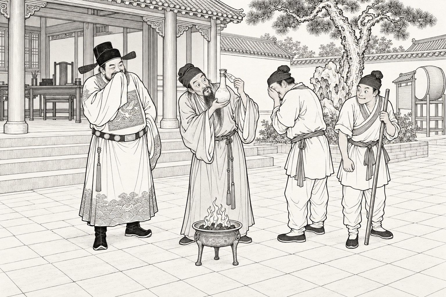 A line drawing in the manner of a late-Qing lithographed edition: in the paved front courtyard of a county yamen hall by day, a lean bearded exorcist holds a narrow-necked bottle sealed with a paper strip over a small flaming brazier and tilts his head to listen, while the magistrate in official cap and robe covers his mouth with his sleeve and two runners, one hiding his face and one with a staff biting his lip, struggle not to laugh, with the hall steps, an old pine, a garden rock, a screen wall and a court drum behind them.