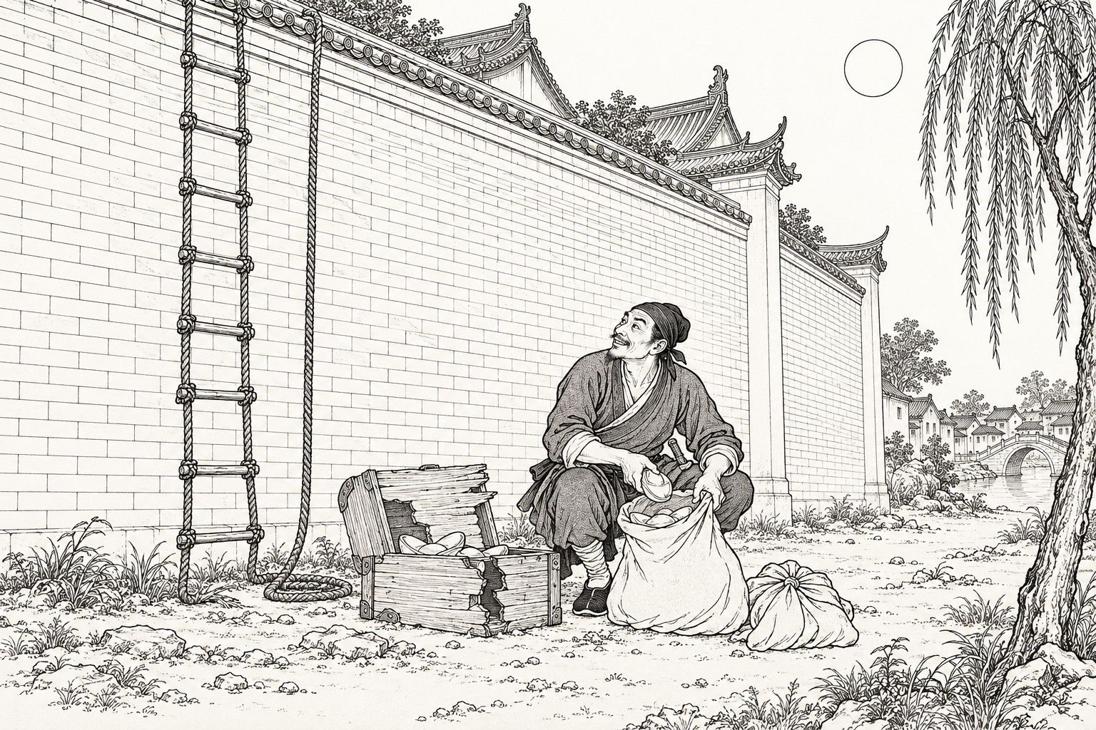 A line drawing in the manner of a late-Qing lithographed edition: on a moonlit night outside the long brick wall of a great mansion, a lean thief in a head-cloth and short jacket crouches beside a splintered chest, dropping a silver ingot into a sack while glancing up at the wall-top, with a rope ladder and coiled rope hanging down the wall, a willow at the right and village roofs and a small stone bridge far behind.