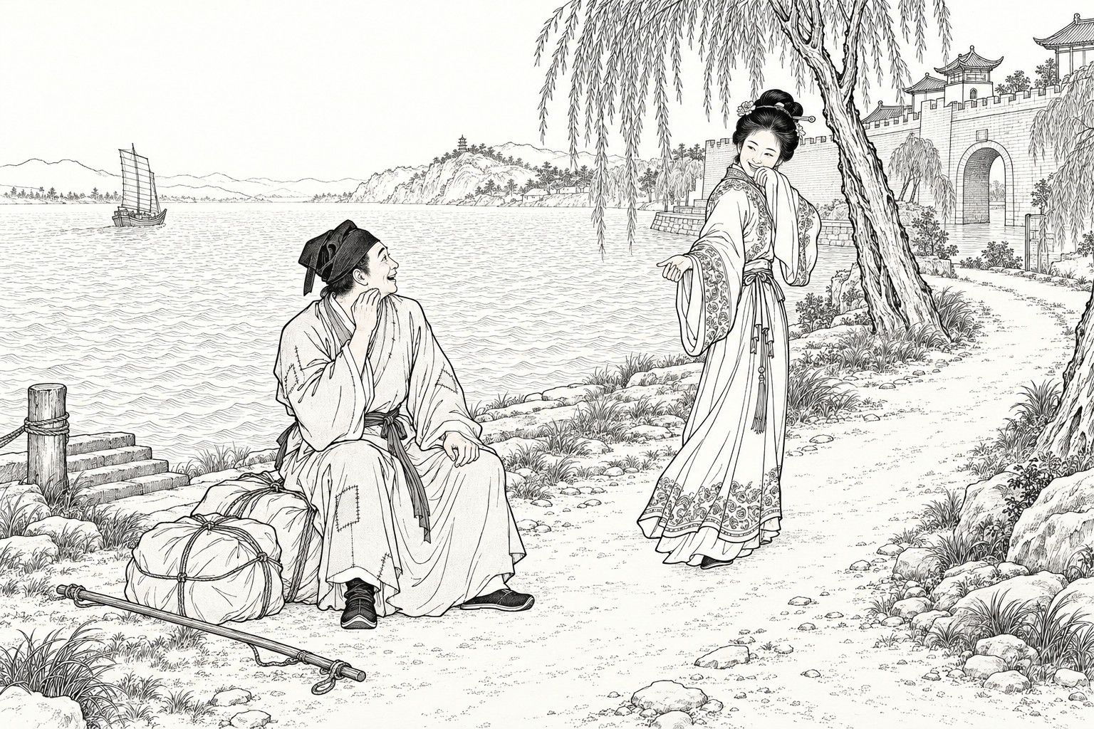 仿清末石印本的线描：晴日镇江江岸，一位穷书生坐在捆好的布包上，身旁放着扁担，抬头露出惊喜；一位衣饰绣花的年轻女子站在柳树下的路上，回头掩袖含笑，伸手招他，江心远处有一艘扬帆的船，路尽头是城墙和水门。