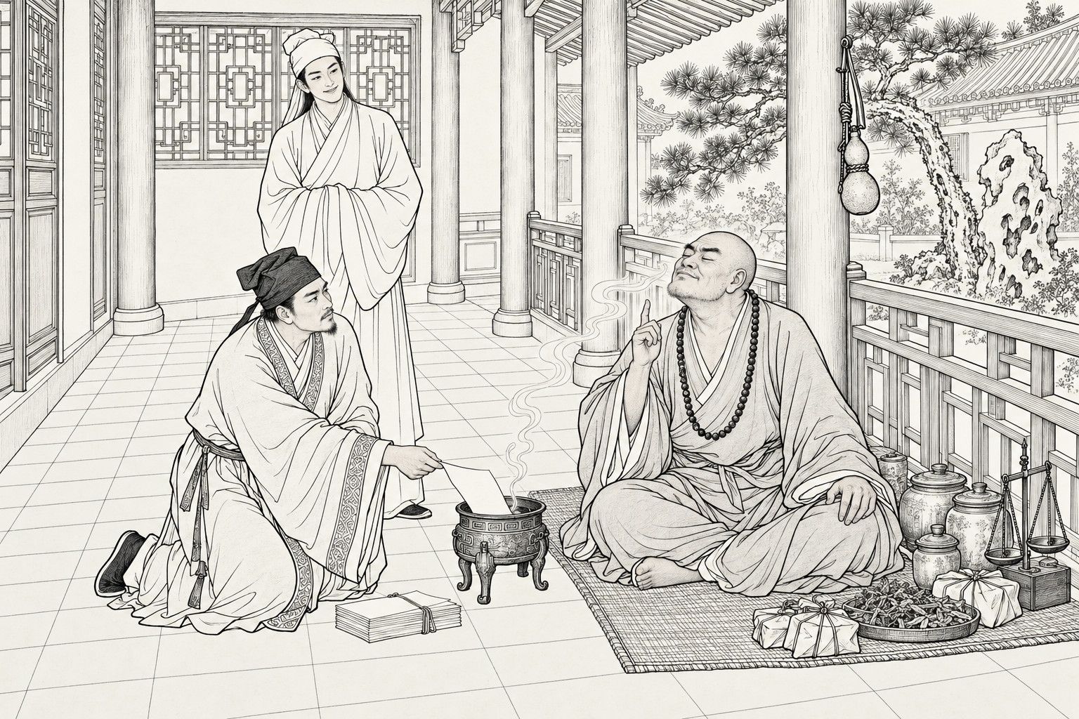 仿清末石印本的线描:寺院廊下,挂念珠的盲僧盘腿坐在草席上,旁边是药罐、天平和药包;他仰着脸闭着眼,闻着小香炉里升起的烟,抬起一根手指;一位书生跪着把一张纸往香炉里送,另一位戴巾的青年站在后面含笑看着。