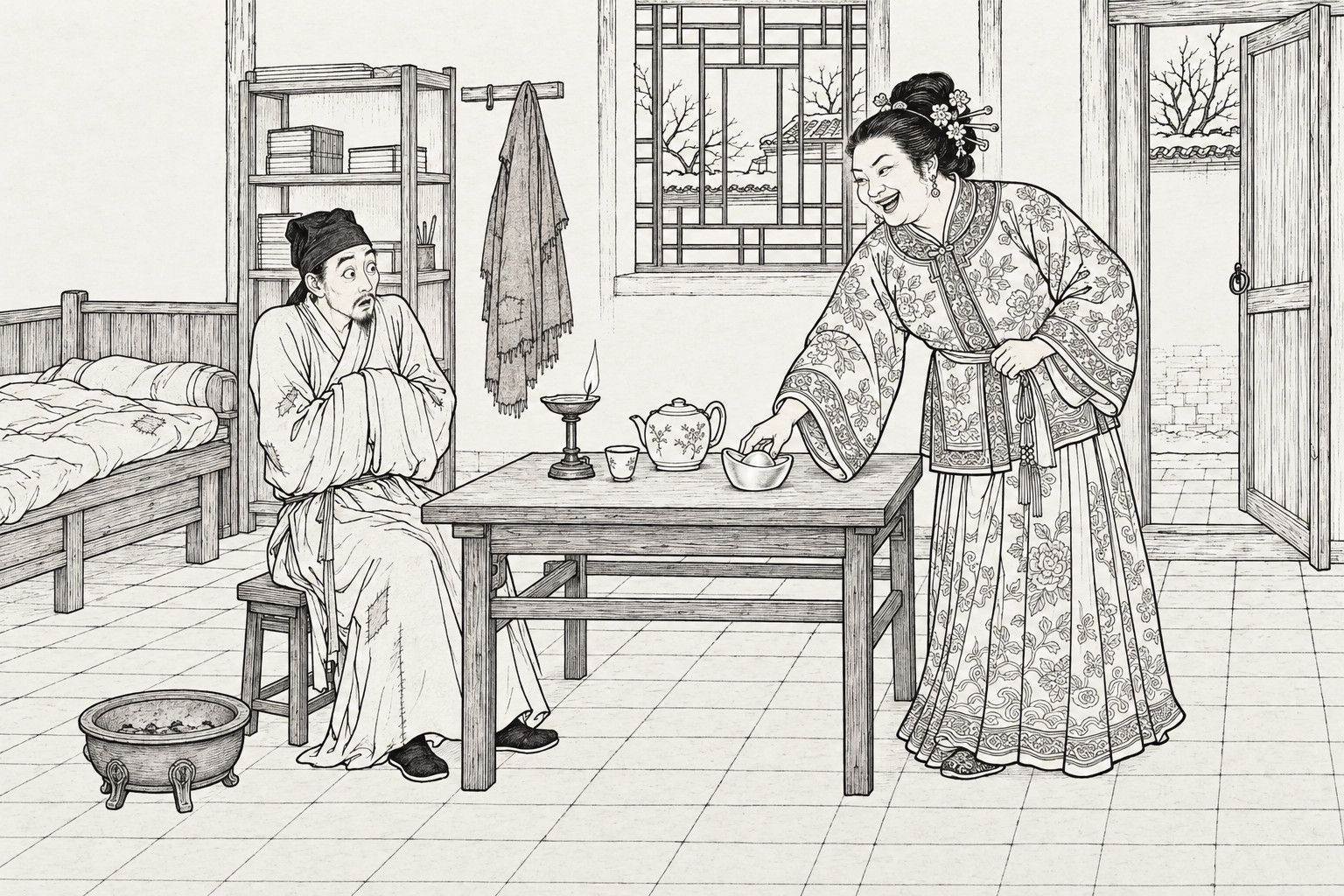 A line drawing in the manner of a late-Qing lithographed edition: on a winter evening in the bare room of a poor scholar's house, a shivering scholar in a patched thin gown sits on a stool with his hands tucked in his sleeves, staring wide-eyed, while a laughing woman in richly embroidered clothes leans over a low table and sets a silver ingot beside a lamp and teapot, with a bed, a bookshelf, a cold brazier and a half-open door around them.