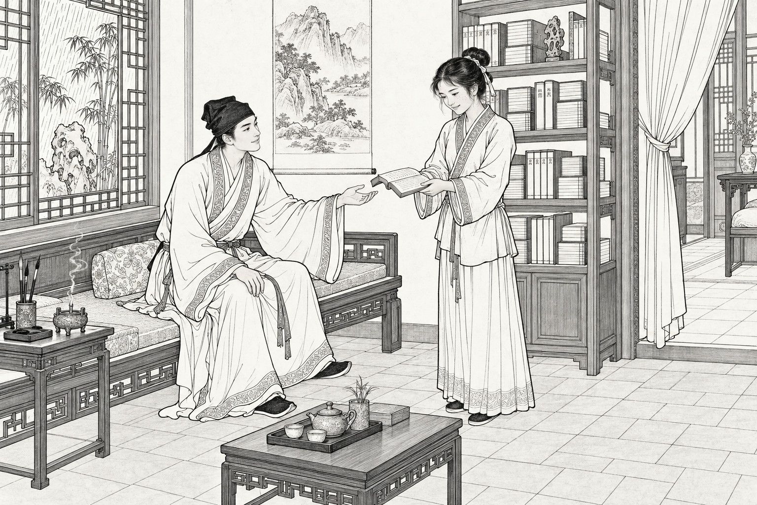 A line drawing in the manner of a late-Qing lithographed edition: on a rainy day in the study of a mountain villa, a young scholar in a soft cap sits on a daybed and reaches out his hand, while a plainly dressed young woman standing before a tall bookshelf offers him an open thread-bound book with a quiet smile, with a rain-swept lattice window, bamboo and garden rock, an incense burner, a tea table and a curtained doorway around them.
