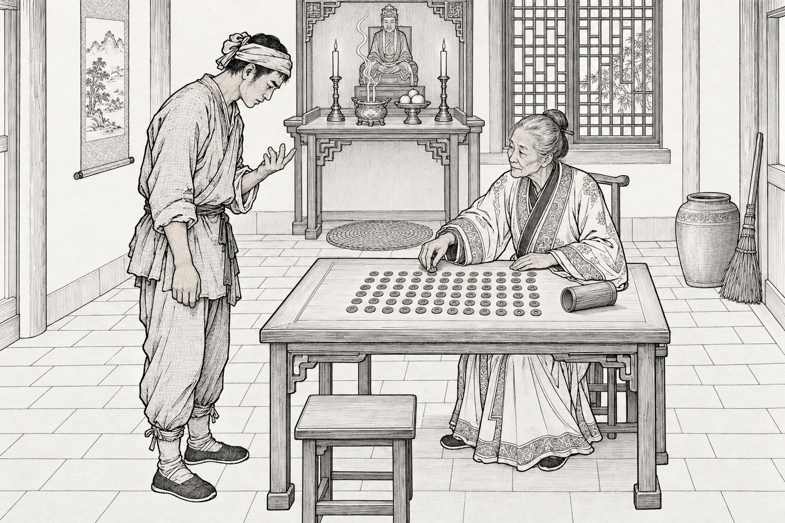 A line drawing in the manner of a late-Qing lithographed edition: In a clean, quiet room by day, an old woman sits behind a square table placing copper coins in neat rows while a poor young man in a headwrap and coarse clothes stands before it, bowing over the coins with one hand raised as if counting years, with an altar, incense burner and candles, a lattice window, a water jar and a broom behind them.