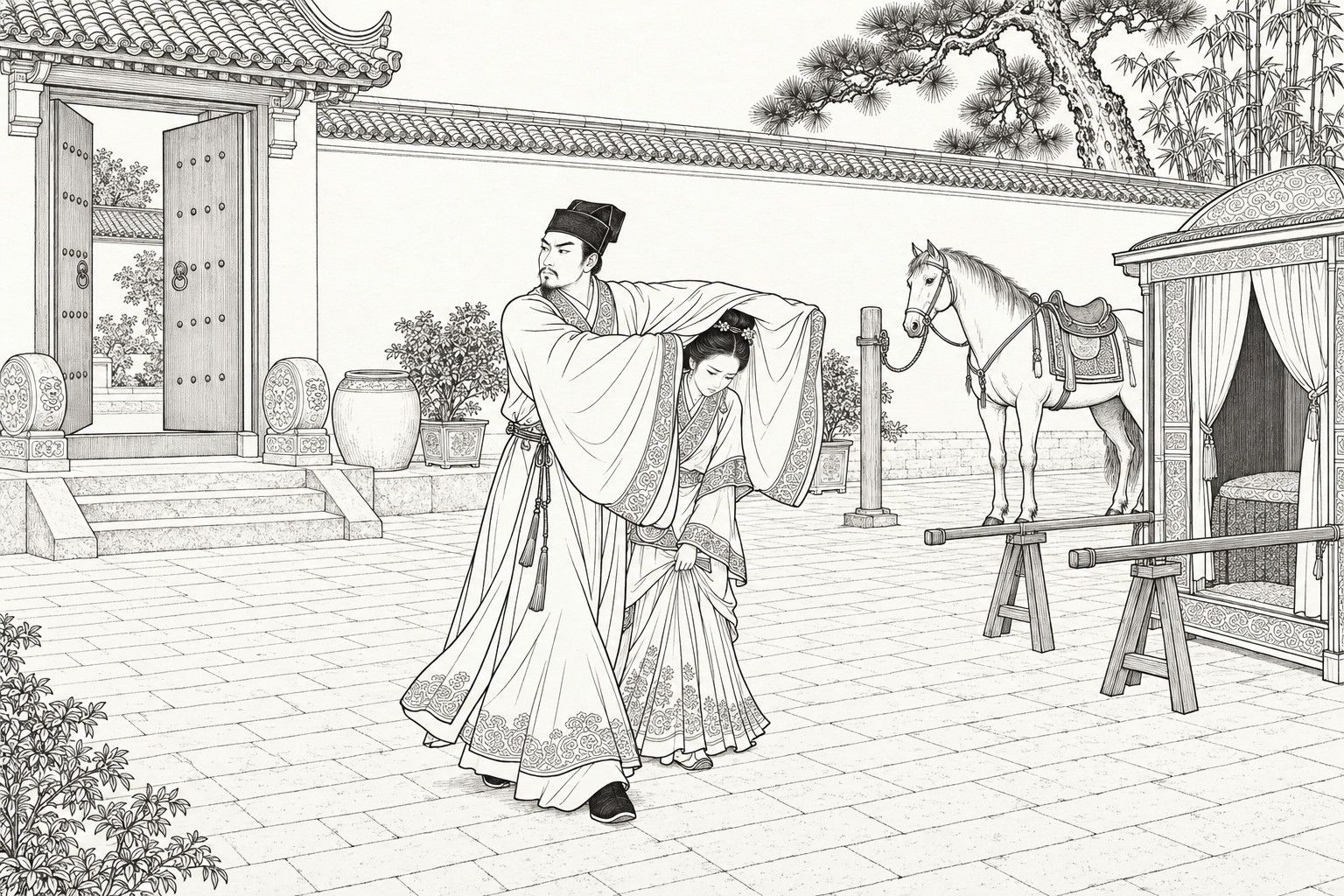 A line drawing in the manner of a late-Qing lithographed edition: In the paved front courtyard of a house by day, a bearded scholar in a soft cap glances warily over his shoulder while spreading the wide sleeve and front of his long gown over a young woman who walks close beside him with her head bowed, while a curtained sedan chair on trestles and a saddled horse tied to a post wait beside a whitewashed wall, an open double gate, stone drums, a pine and bamboo.