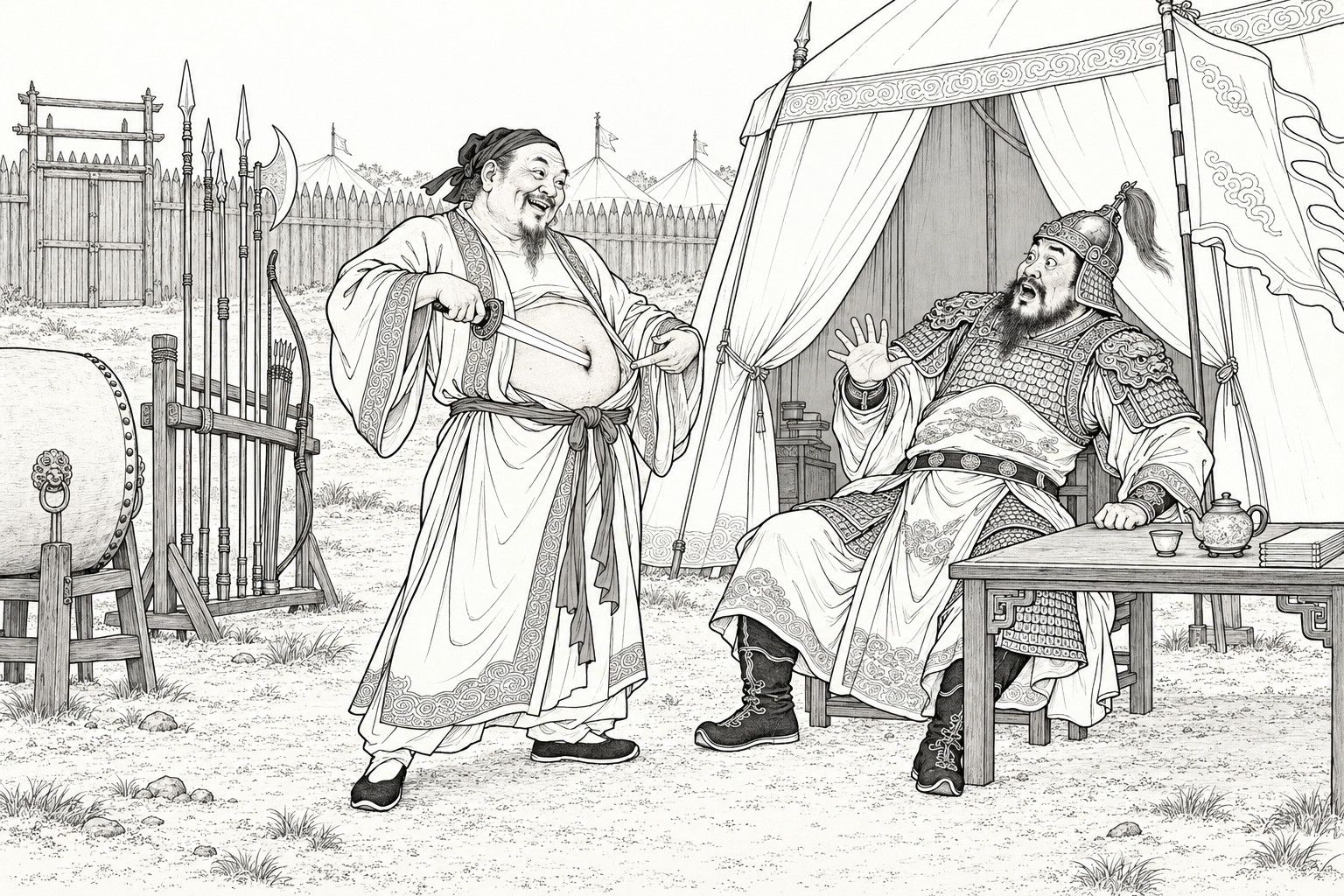 A line drawing in the manner of a late-Qing lithographed edition: In daylight before a commander's tent inside a stockaded camp, a plump, laughing old man in a wide-sleeved gown opens the front of his robe and draws a sword out of his navel, while a helmeted, armoured officer seated at a low table with a tea set leans back in astonishment with one hand raised, a weapon rack, a drum and a tall banner around them.
