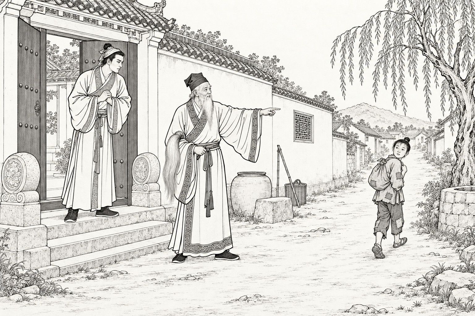 A line drawing in the manner of a late-Qing lithographed edition: by day in a country lane in front of a gentry house gate, a tall young gentleman stands in the doorway with hands clasped while an old long-bearded Daoist with a horsetail whisk points down the lane toward a poor boy with a bundle on his back, who walks away glancing back, with a willow, a well, a water jar and distant low houses and hills around them.