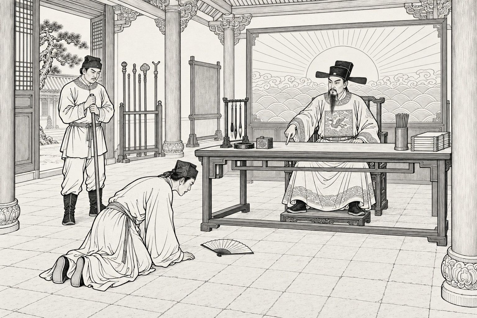 A line drawing in the manner of a late-Qing lithographed edition: in the main hall of a government office by day, a bearded magistrate in an official hat and robe sits behind a broad table before a screen painted with a rising sun over waves, pointing toward a folding fan on the brick floor, while a young scholar kneels on hands and knees bending to look at it and a court runner holding a staff stands behind him by an open doorway with a pine in the courtyard.