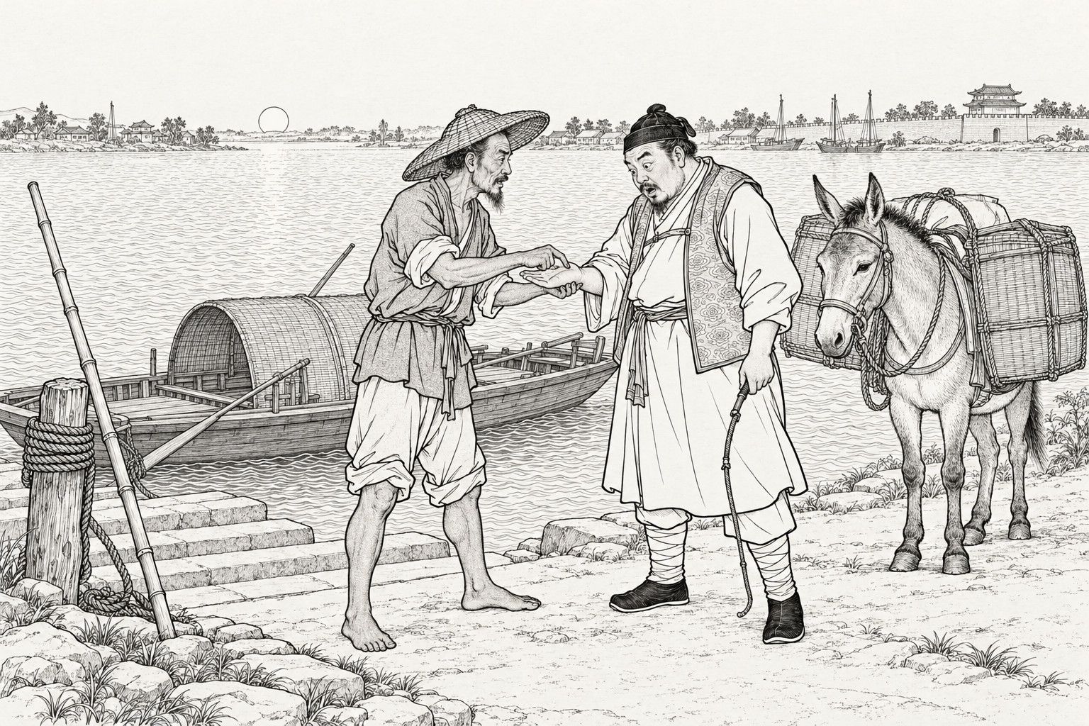 A line drawing in the manner of a late-Qing lithographed edition: on a river ferry landing at sunset, a lean barefoot boatman in a bamboo hat grips a stout travelling merchant's wrist and traces with one finger on his palm, the merchant staring at it in astonishment, with his bamboo-laden mule standing behind him, a moored reed-awning ferry boat, a mooring post and stone steps, and a far bank with town wall and masts.