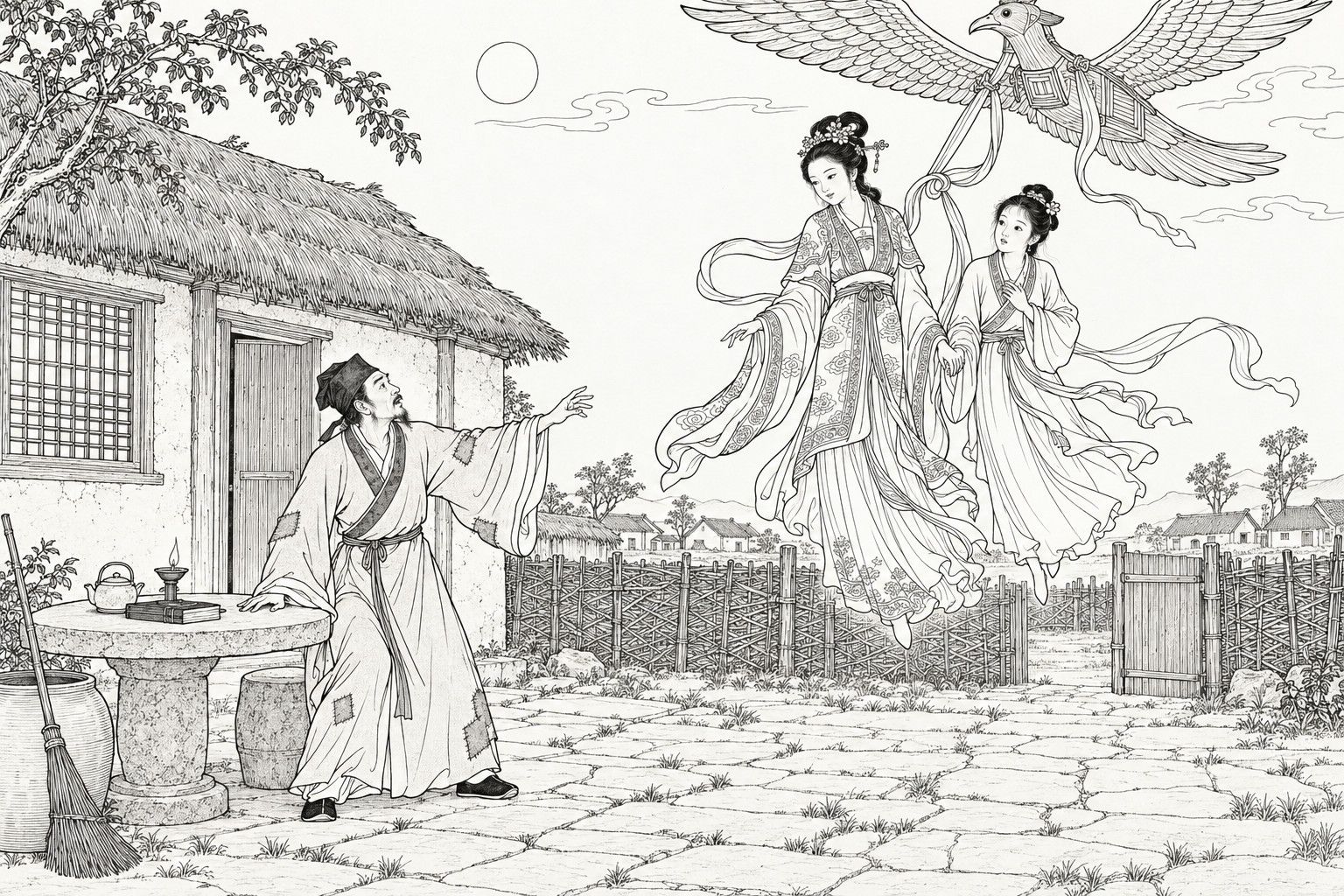 A line drawing in the manner of a late-Qing lithographed edition: on a moonlit night in a poor village scholar's flagstone yard before a thatched cottage, a patched-robed scholar leans from his stool beside a stone table and reaches out in astonishment toward two richly dressed women who float down hand in hand with streaming ribbons, carried by a large winged wooden bird, with a wattle fence and distant village roofs behind.
