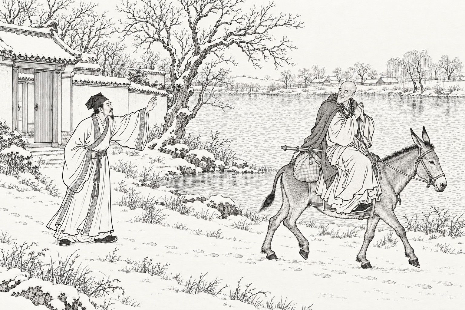 A line drawing in the manner of a late-Qing lithographed edition: on a snowy winter morning beside a wide pond outside a walled country retreat, a scholar in a wide-sleeved gown stands on the path with one arm raised, calling after an old shaven-headed monk who rides away on a lean donkey with a bag and carrying pole, turning back with palms pressed together in thanks, while bare trees and a far village stand across the water.