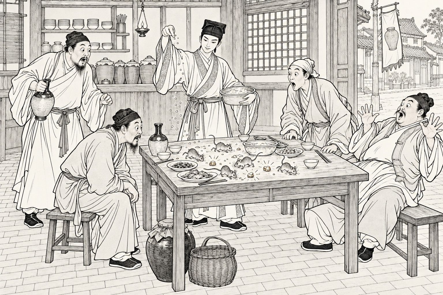 A line drawing in the manner of a late-Qing lithographed edition: inside a street-side wine shop by day, a young secretary in a soft cap stands behind a laden table, scattering dough crumbs with one hand and holding a basin with the other, while tiny mice scurry among the dishes beside small nuggets of gold, and four astonished stewards, one standing with a wine pot, one leaning forward on a stool, one half rising, one leaning far back with raised hands, stare at the table, with wine jars, shelves, a latticed window and a street banner behind.