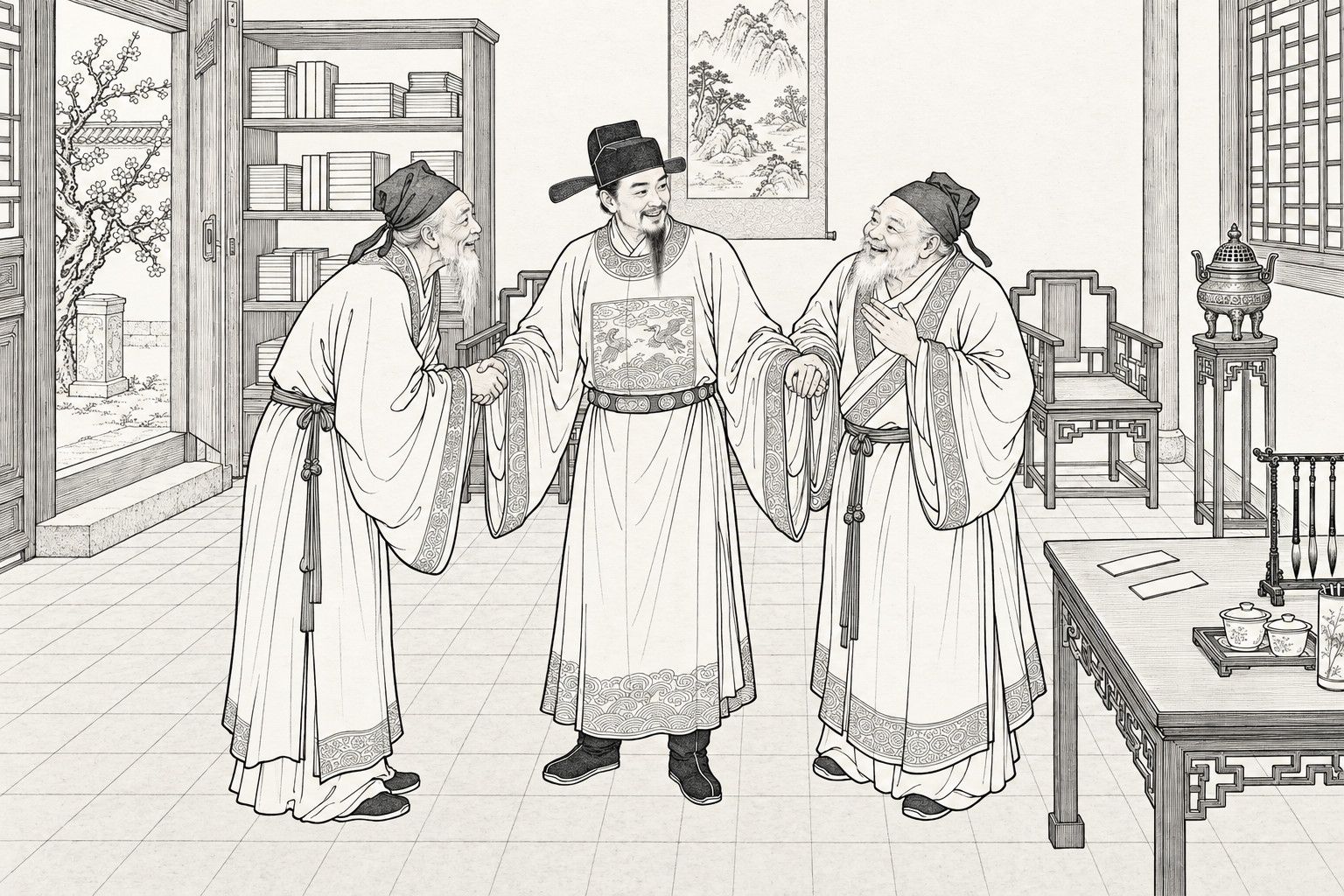 仿清末石印本的線描：白日學署廳堂裡，戴烏紗帽、穿繡補圓領袍的官員立在中間，含笑握住兩位白鬚老秀才的手，一位躬身，一位抬手露出喜色，四周有書架、掛軸、格窗、通向梅樹庭院的門洞、扶手椅、銅香爐，以及擺著名刺和茶盤的桌子。