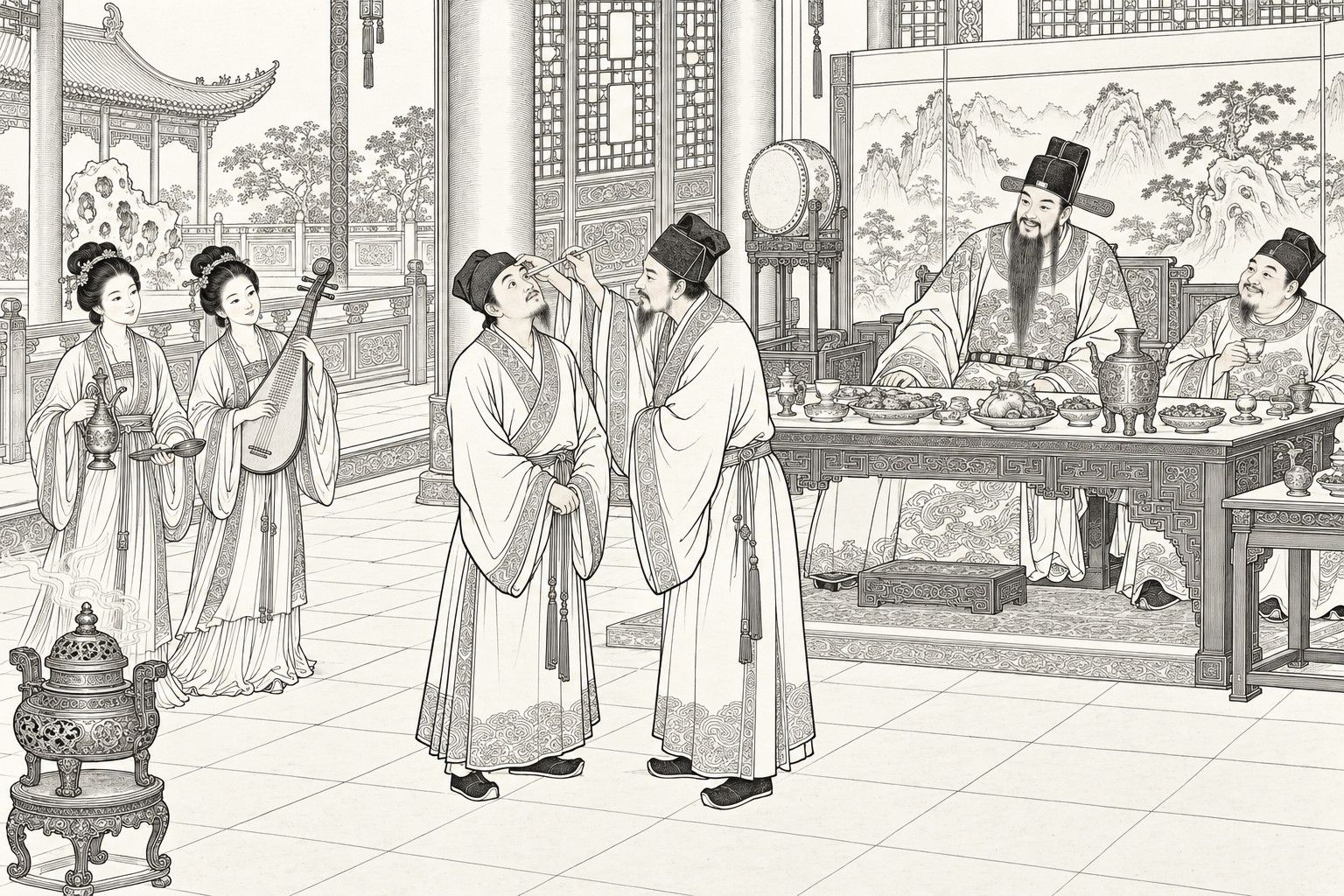 仿清末石印本的线描：白昼的王府殿上正设酒宴，书生立在堂中仰头拱手，身旁清瘦的太医执玉簪为他点药，上首长须的王子和席边持杯的客人含笑观看，左侧两名歌妓持酒壶和琵琶侍立，旁有铜香炉，后面是山水屏风、格窗和园中亭台。