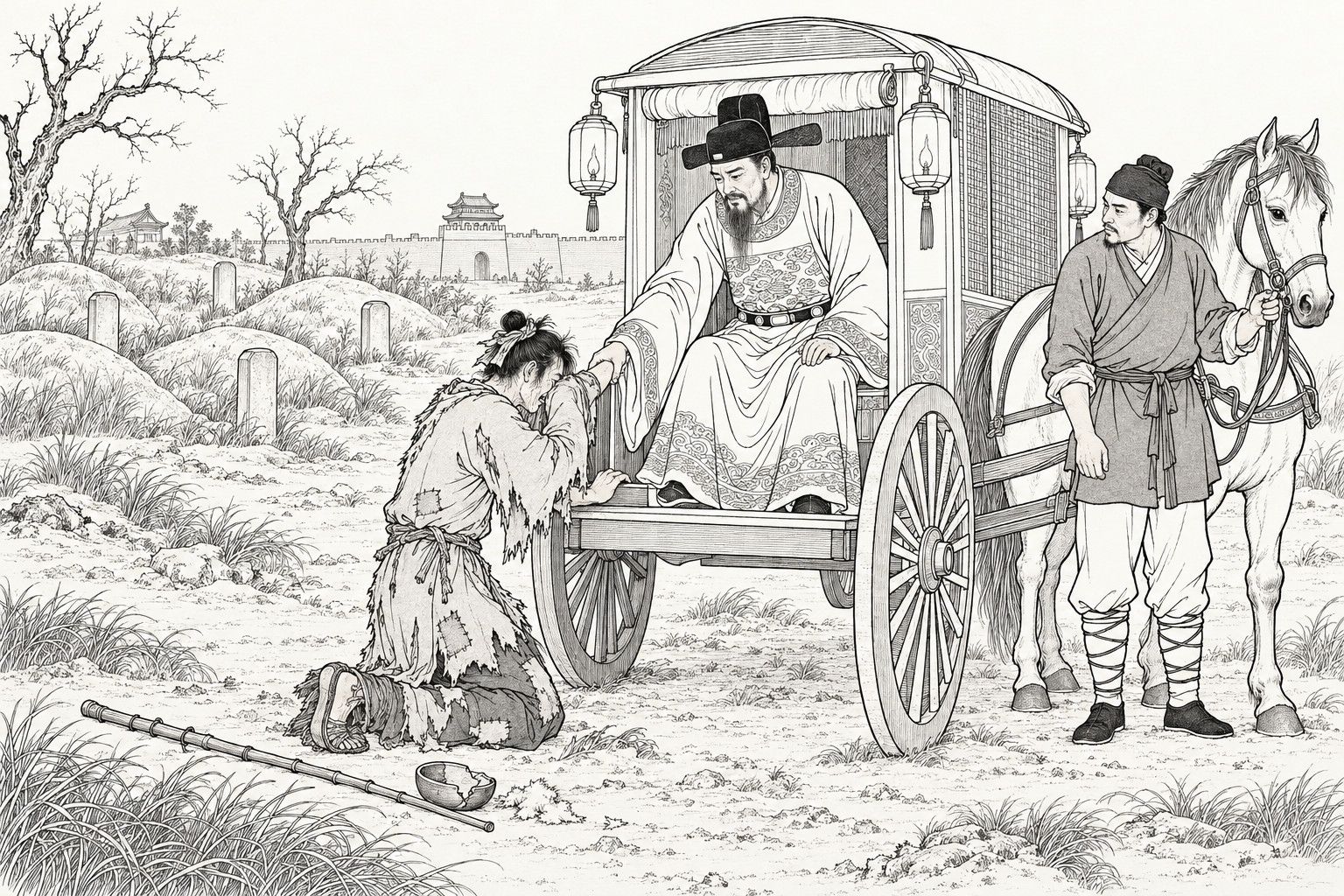 A line drawing in the manner of a late-Qing lithographed edition: at dusk on a bare burial ground dotted with grave mounds and stone markers outside a city wall, a bearded official in a black gauze cap and round-collared robe leans out of a lantern-hung covered carriage to take the hand of a ragged young beggar who kneels by the wheel weeping into his sleeve, while a sturdy servant stands holding the horse's bridle, with a begging staff and broken bowl on the ground.