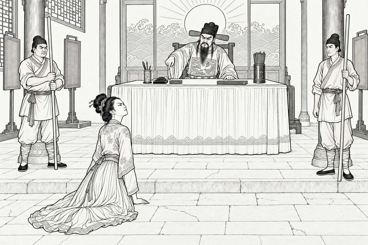 A line drawing in the manner of a late-Qing lithographed edition: in the main hall of a county yamen by day, a bearded magistrate in an official's cap and robe sits behind a draped bench, one hand flat on the desk and the other pointing down at a young woman who kneels defiantly on the flagstones with her chin raised, while two court runners stand holding upright rods at either side, before a screen painted with a sun over waves.