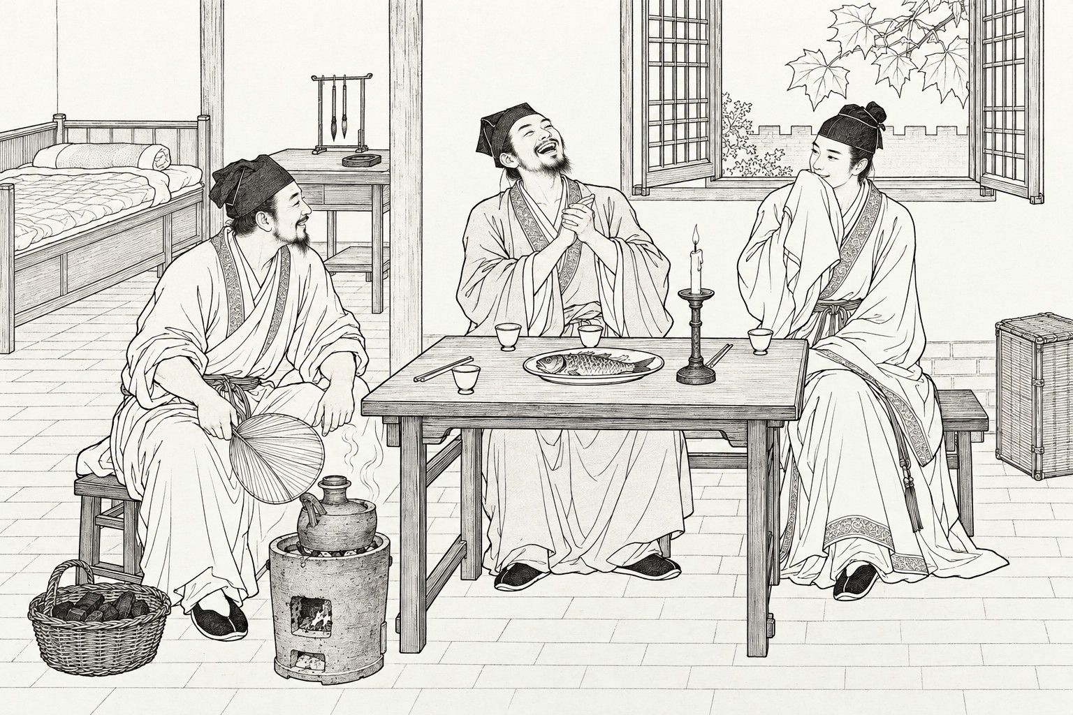 A line drawing in the manner of a late-Qing lithographed edition: at daybreak in a plain rented room, three young scholars sit around a small table with wine cups, a dish of fish and a candlestick, one beside a clay stove fanning the wine kettle, one in the middle throwing back his head and clapping his hands in laughter, and one at the right smiling with his sleeve half raised to his mouth, with a bed, a writing table, a book-box and a lattice window with wutong leaves behind them.