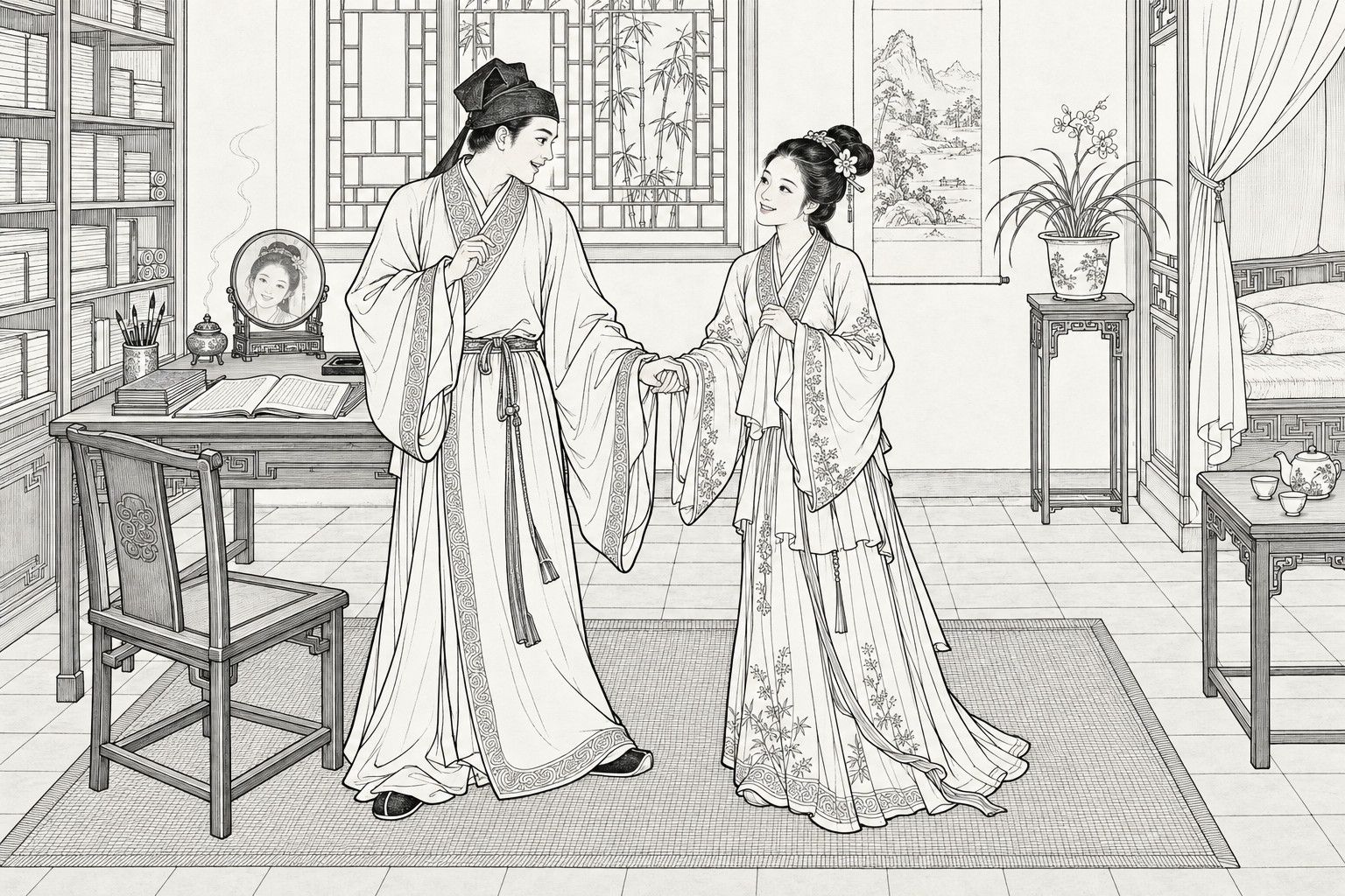 A line drawing in the manner of a late-Qing lithographed edition: in a scholar's study by daylight, a young scholar in a soft cap and wide-sleeved gown turns from his desk and joyfully takes the hand of a smiling young woman in a pleated skirt, while a round mirror on the desk shows a small smiling face, with a lattice window, bamboo, bookcase, orchid stand, tea table and curtained bed around them.
