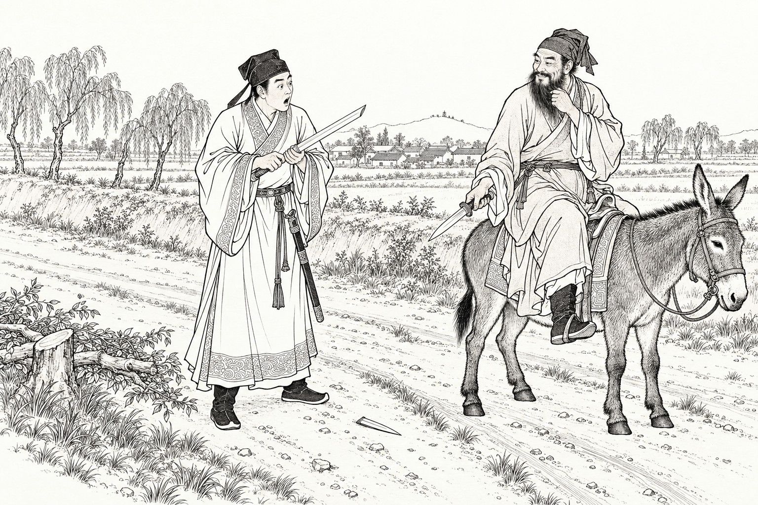A line drawing in the manner of a late-Qing lithographed edition: on a country road through open fields by day, a bearded traveller in a head-scarf sits on a donkey, smiling and stroking his beard with a short blade in his other hand, while a young scholar on foot stares open-mouthed at his sword, whose tip has been sliced off and lies on the road, with a cut tree stump, willows, a distant village and a low hill behind them.