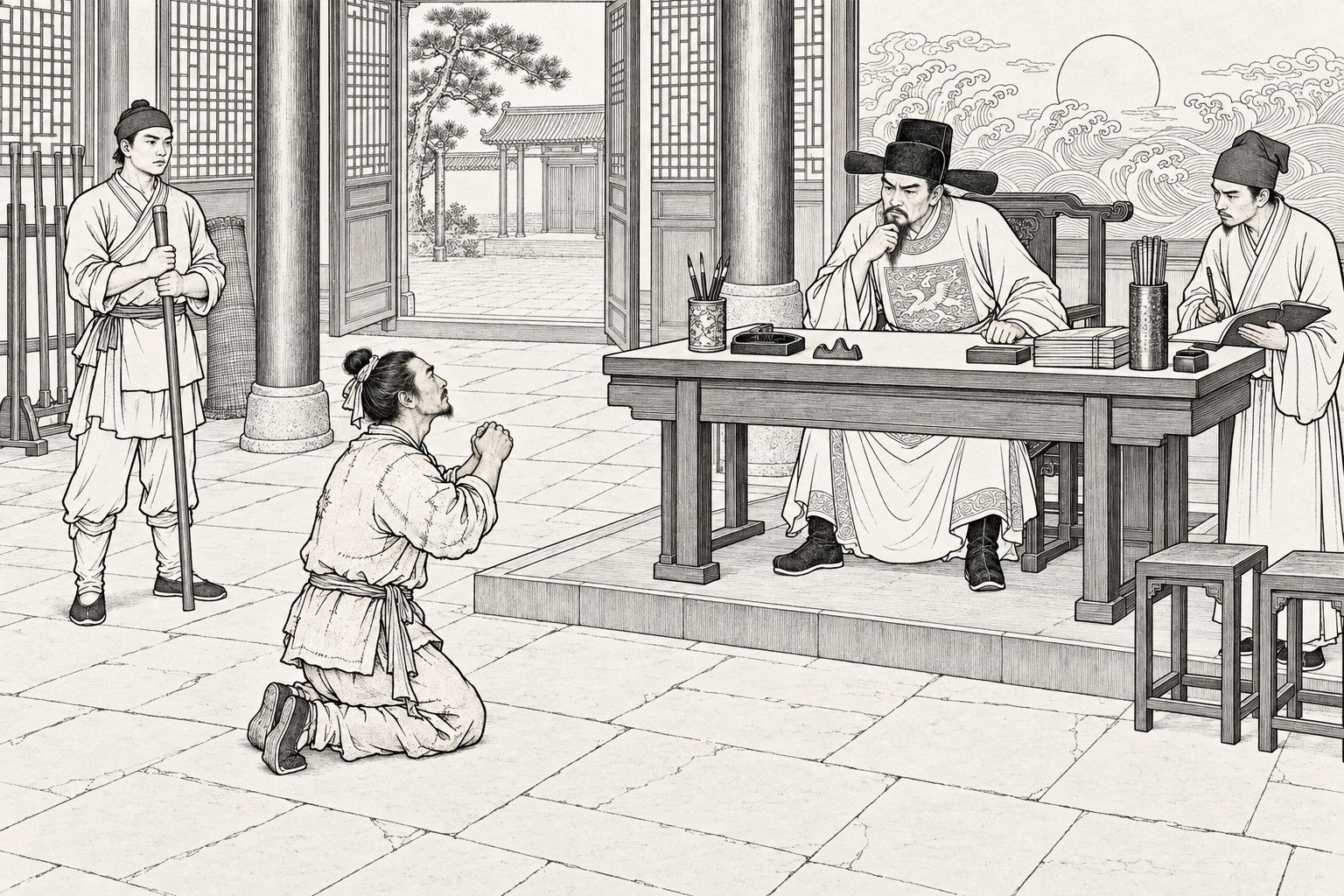 A line drawing in the manner of a late-Qing lithographed edition: in the main hall of a county office by day, a plainly dressed soldier kneels on the stone floor with hands clasped and face raised, pleading with a frowning, bearded magistrate who sits at a broad desk on a low dais stroking his chin, while a clerk beside the desk writes in a ledger and a court runner stands behind the kneeler holding a long staff, with a wave-and-sun screen, round pillars and an open door showing a pine-shaded courtyard behind them.