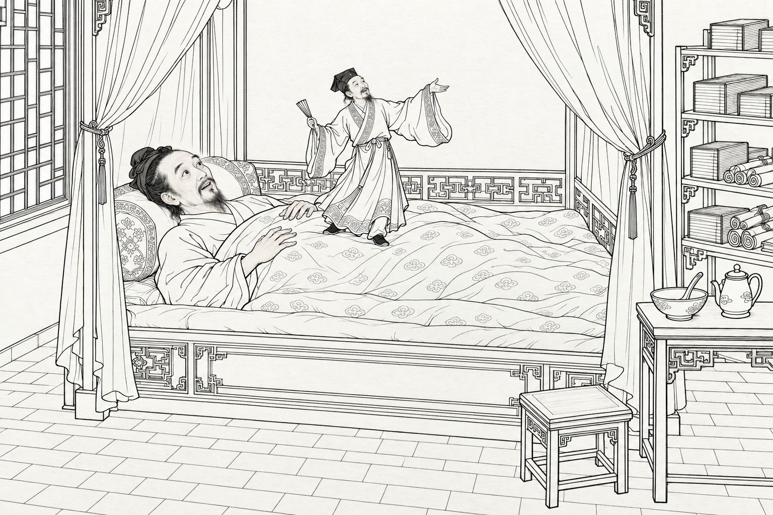 A line drawing in the manner of a late-Qing lithographed edition: in a scholar's bedroom by day, a sick bearded man lies on his back in a curtained canopy bed and gazes up in wonder, while a tiny scholar in cap and gown stands on the quilt over his chest, one wide sleeve flung out and a folded fan in his hand, singing like a stage actor; a lattice window, a bookshelf of books and scrolls, a bedside table with a bowl and teapot, and a stool fill the room.