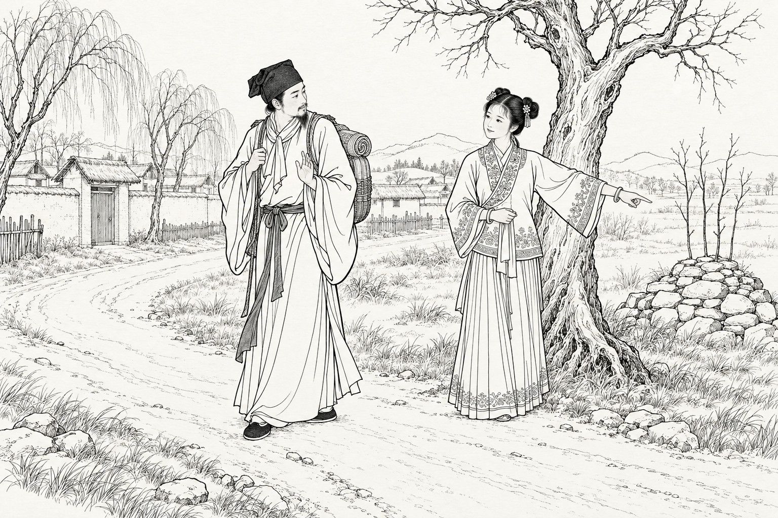 A line drawing in the manner of a late-Qing lithographed edition: on a village dirt road in winter daylight, a bearded scholar with a bundle on his back turns back to look at a young girl in an embroidered jacket and pleated skirt, who stands beside a bare old tree and points to a heap of stones with a few young saplings, with a mud-walled village, thatched roofs, bare willows and low hills behind.