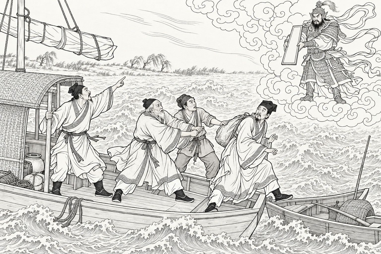 A line drawing in the manner of a late-Qing lithographed edition: on a stormy river by day, a middle-aged traveller on a passenger boat points up at a armoured heavenly general standing in curling clouds and holding out a tablet, while an old bearded merchant and a young man push a bundle-carrying scholar toward a small boat alongside, the scholar looking back in bewilderment, with a woven awning, a furled sail, churning waves and a willowed far bank around them.