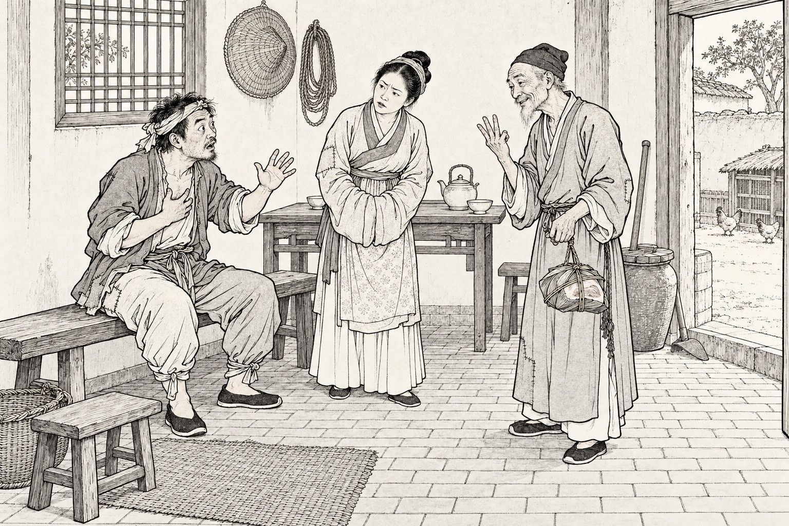A line drawing in the manner of a late-Qing lithographed edition: on a morning in the main room of a village house, a rough countryman sits on a long bench with one hand on his chest and the other raised as he tells his tale, his wife stands in the middle with her head tilted in doubt, and an old neighbour at the right holds a straw-tied parcel and counts on his fingers, with a lattice window, a table with a teapot, a water jar and a doorway onto a yard with chickens behind them.