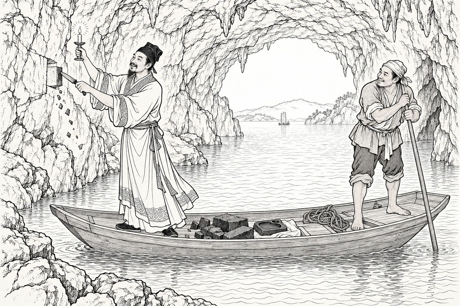 仿清末石印本的線描：湖邊石洞之中，一位留須書生立在小木船上，一手高舉點燃的蠟燭，一手持刀從洞壁割下一塊石頭，碎石正往下掉；船尾赤腳的船工倚著長篙含笑觀看，船上放著石塊、硯臺和纜繩，遠處是明亮的洞口、湖面、遠山和一條小帆船。