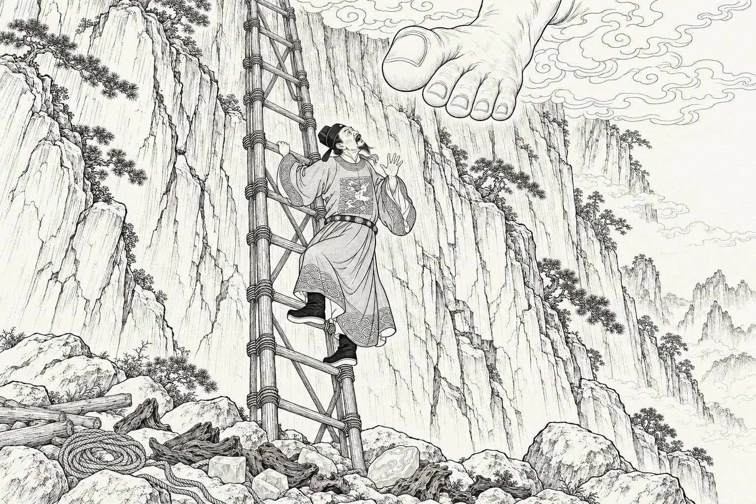 A line drawing in the manner of a late-Qing lithographed edition: by day at the foot of a sheer mountain cliff, an official in a black gauze cap and rank-badge robe clings to a tall ladder of lashed timbers, one hand on a rung and the other raised, head thrown back in alarm at a huge bare foot reaching down out of the clouds above, with pines on the cliff ledges and boulders, lumps of aloeswood, jade, a coil of rope and logs below.