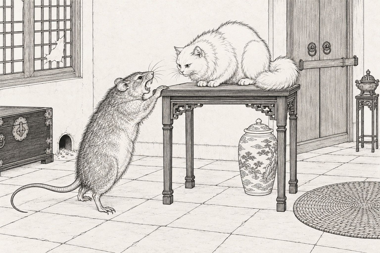 A line drawing in the manner of a late-Qing lithographed edition: in a bare palace room by day, a fluffy white long-haired cat crouches on a dark wooden table while a huge rat rises on its hind legs beside it, front paws on the table edge and teeth bared, with a torn lattice window, a barred double door, a lidded jar, a brass-bound chest, a mouse hole and a round woven mat around them.