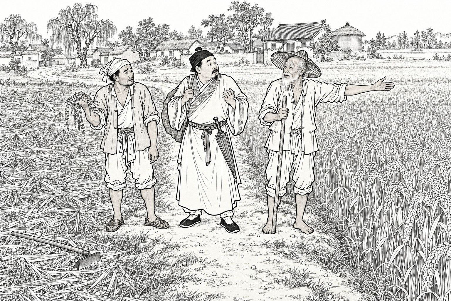 A line drawing in the manner of a late-Qing lithographed edition: on a raised earth path between two fields at the edge of a village in daytime after a hailstorm, a travelling merchant with a bundle and folded umbrella stands between a young farmer holding a handful of broken ears and a white-bearded old farmer in a bamboo hat who points toward the untouched field of heavy grain, while the left field lies flattened, with thatched cottages, a granary and willows in the distance.