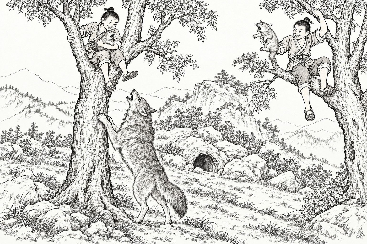 仿清末石印本的线描：白日山坡上，狼穴旁岩石嶙峋，两个笑嘻嘻的牧童各坐一棵树上，各抱一只张口嚎叫的小狼崽，母狼人立而起，前爪扒着左边的树干，仰头朝上号叫。
