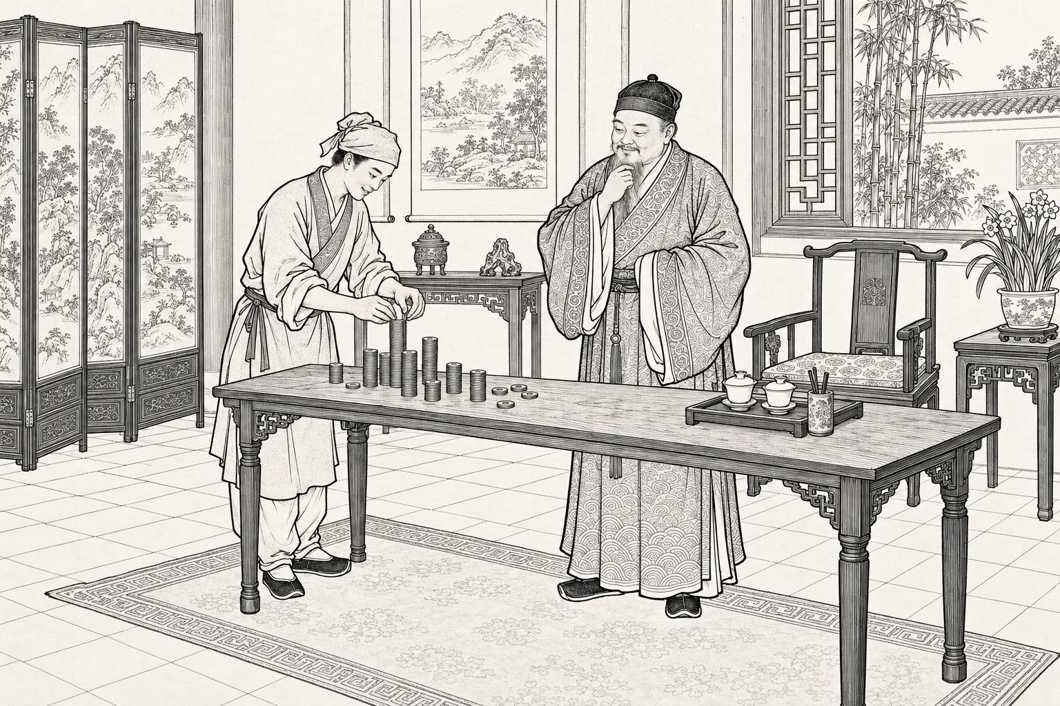 仿清末石印本的線描：白晝富家廳堂裡，頭裹布巾的清瘦少年俯身在長几上把銅錢疊成高低錢柱，身穿雲紋長袍的含笑老翁立在一旁捋須觀看，身後有屏風、山水掛軸、花格窗外的竹叢、太師椅和水仙盆景。