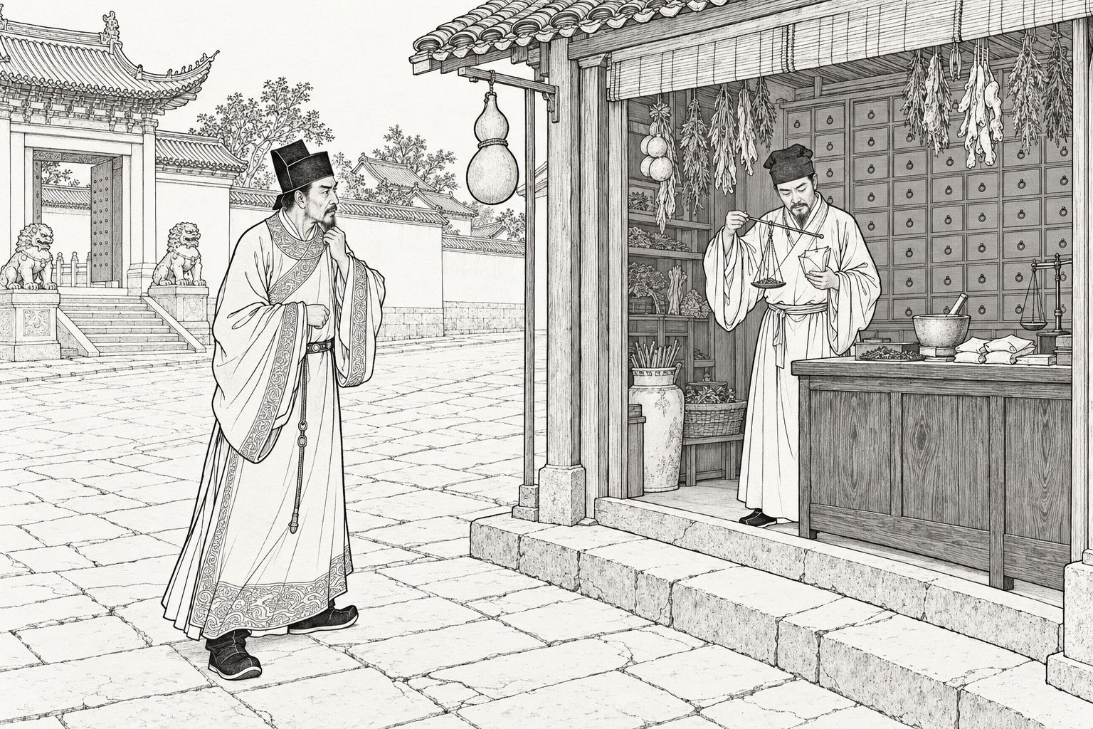 A line drawing in the manner of a late-Qing lithographed edition: on a morning in a city street outside a temple gate with stone lions, a bearded official in a square cap stops with one hand raised to his chin and stares across the flagstones at a physician inside an open-fronted drug shop, who looks down to weigh herbs on a small steelyard with a paper packet in his other hand, among walls of medicine drawers, hanging herbs and a gourd sign.