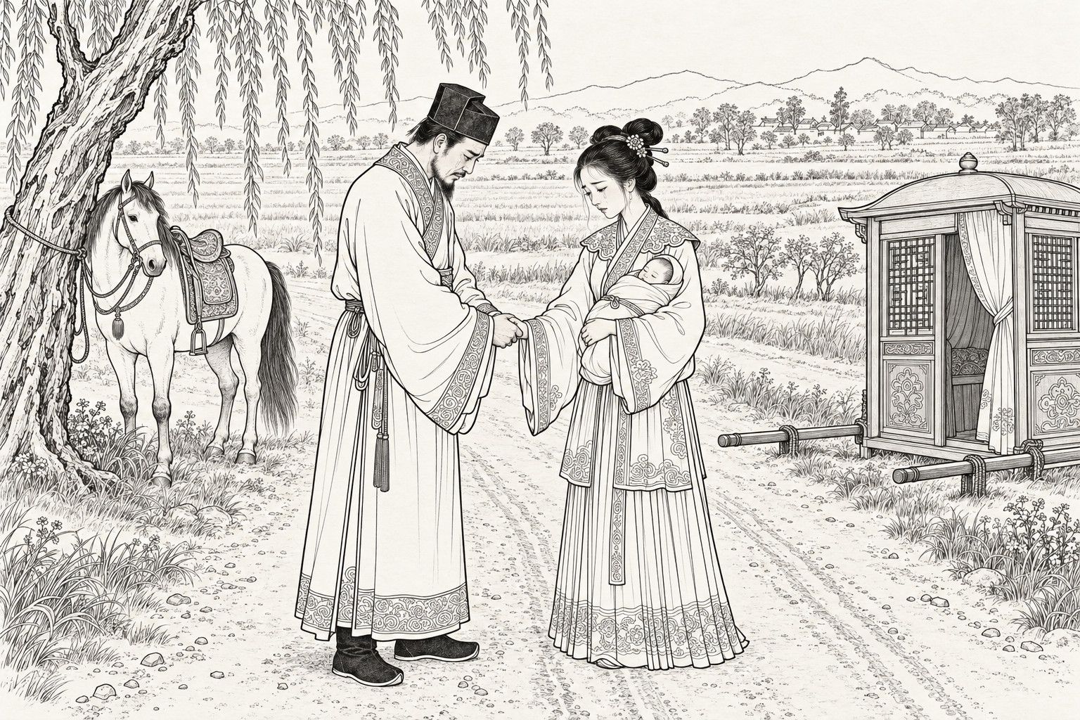 A line drawing in the manner of a late-Qing lithographed edition: on an empty country road in daylight, a tearful young mother holding a swaddled baby clasps the hand of a bearded gentleman in a scholar's cap who bows his head toward her, with a saddled horse tied to a willow at the left, a sedan chair with its curtain drawn aside at the right, and fields, low hills and a distant village behind.