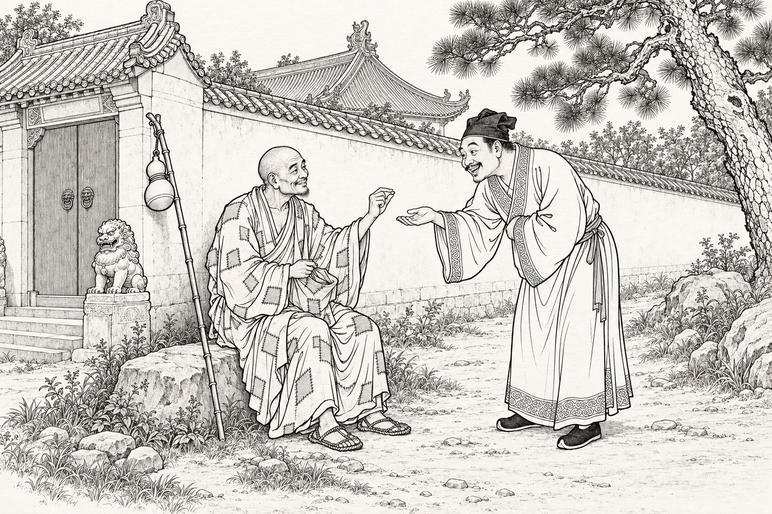 A line drawing in the manner of a late-Qing lithographed edition: on a sunny day outside a country temple, a shaven-headed wandering monk in a patched robe sits on a stone against the whitewashed wall, holding a tiny pill between his fingers, while a cheerful man in a soft cap and long gown bends toward him with an open hand; a gourd hangs from a staff leaning on the wall, with a stone lion, the temple gate and an old pine nearby.